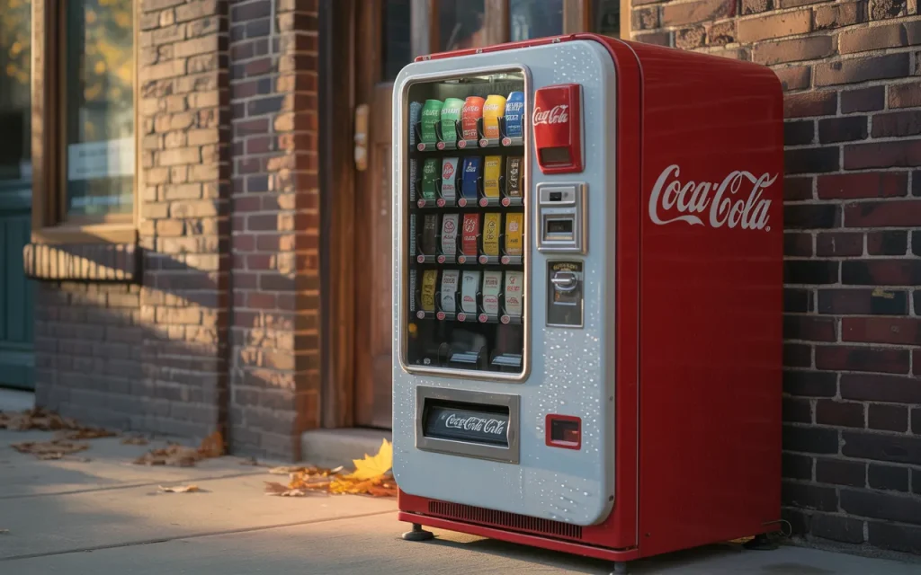 Red Coca-Cola vending machine placed outside a brick building, displaying multiple soft drink options behind a glass front